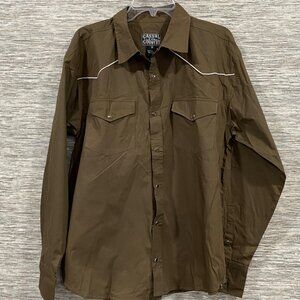 Casual Country Western Snap Button Shirt Brown Workwear Mens M